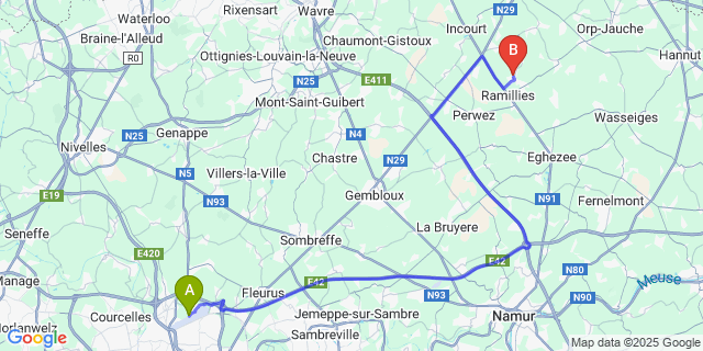 Map: Charleroi Airport Brussels South (CRL) to Mont-Saint-Andre