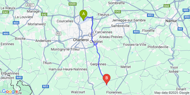 Map: Charleroi Airport Brussels South (CRL) to Morialmé