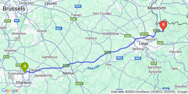 Map: Charleroi Airport Brussels South (CRL) to Mortroux