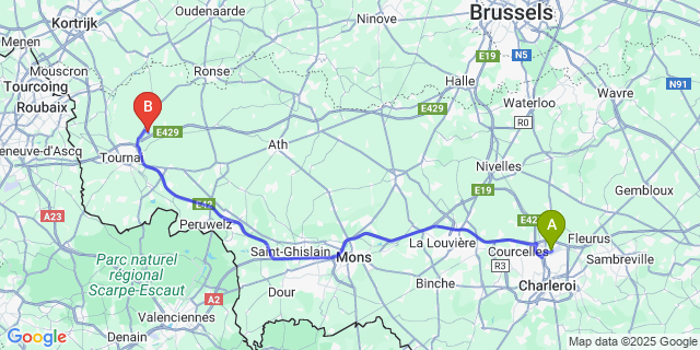 Map: Charleroi Airport Brussels South (CRL) to Mourcourt