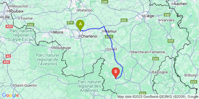 Map: Charleroi Airport Brussels South (CRL) to Naomé