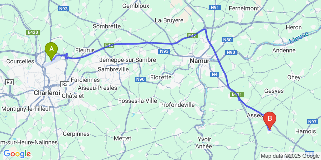 Map: Charleroi Airport Brussels South (CRL) to Natoye
