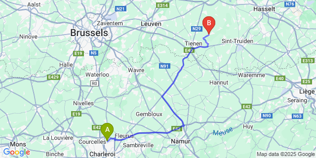 Map: Charleroi Airport Brussels South (CRL) to Neerlinter