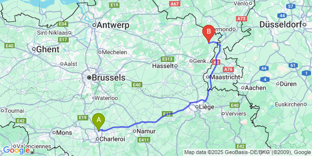 Map: Charleroi Airport Brussels South (CRL) to Neeroeteren