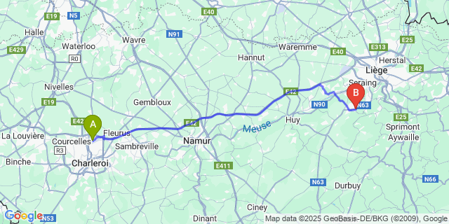 Map: Charleroi Airport Brussels South (CRL) to Neupré