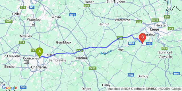 Map: Charleroi Airport Brussels South (CRL) to Neuville-En-Condroz