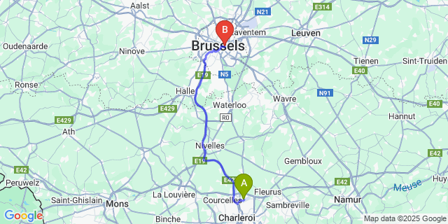 Map: Charleroi Airport Brussels South (CRL) to New Hotel Charlemagne, Brussels