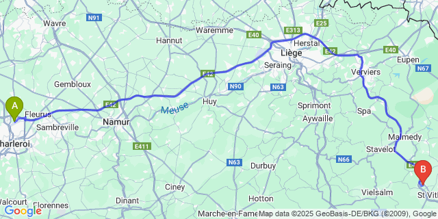 Map: Charleroi Airport Brussels South (CRL) to Nieder-Emmels