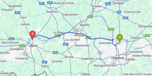 Map: Charleroi Airport Brussels South (CRL) to Nimy
