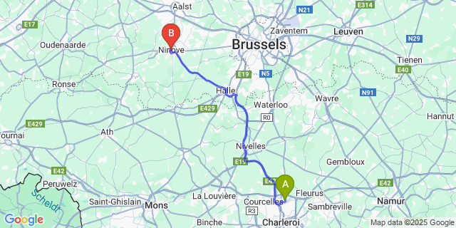 Map: Charleroi Airport Brussels South (CRL) to Ninove