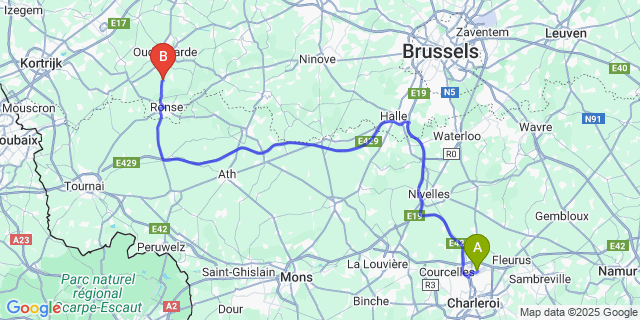 Map: Charleroi Airport Brussels South (CRL) to Nukerke