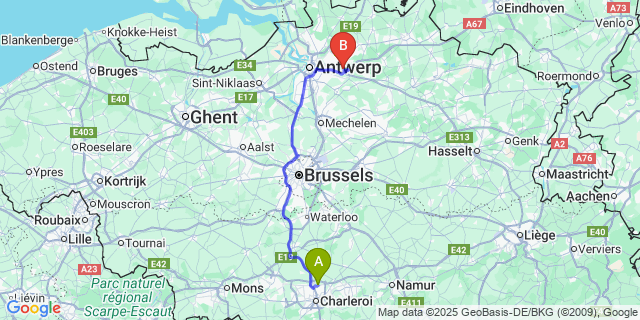 Map: Charleroi Airport Brussels South (CRL) to Oelegem