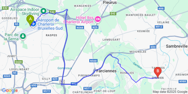 Map: Charleroi Airport Brussels South (CRL) to Oignies
