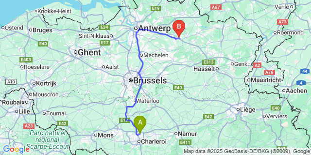 Map: Charleroi Airport Brussels South (CRL) to Olen-Centrum