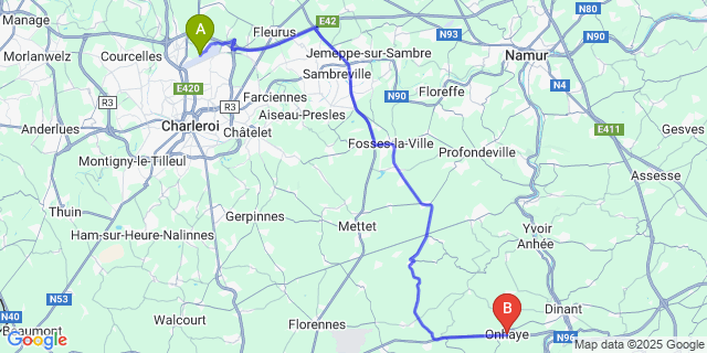 Map: Charleroi Airport Brussels South (CRL) to Onhaye