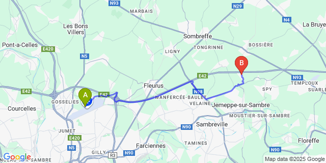 Map: Charleroi Airport Brussels South (CRL) to Onoz