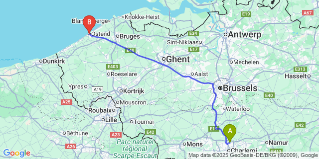 Map: Charleroi Airport Brussels South (CRL) to Oostende