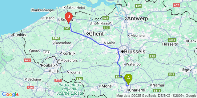Map: Charleroi Airport Brussels South (CRL) to Oostveld