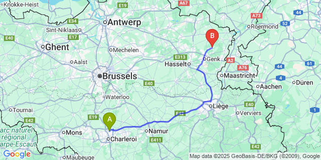 Map: Charleroi Airport Brussels South (CRL) to Opglabbeek