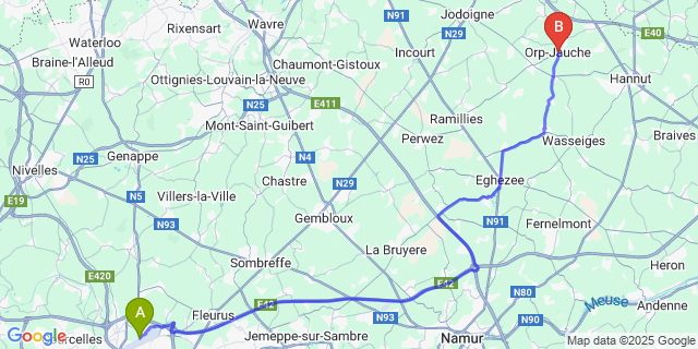 Map: Charleroi Airport Brussels South (CRL) to Orp-Jauche