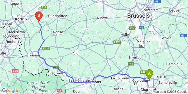 Map: Charleroi Airport Brussels South (CRL) to Otegem