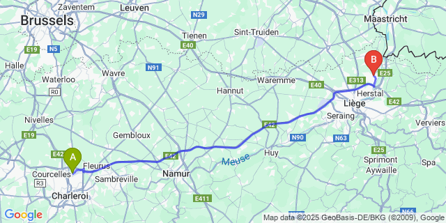 Map: Charleroi Airport Brussels South (CRL) to Oupeye