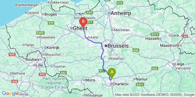 Map: Charleroi Airport Brussels South (CRL) to Overmere