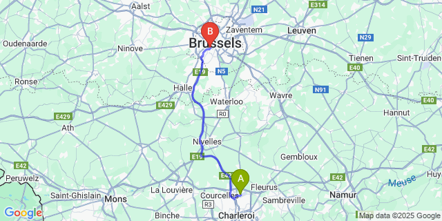Map: Charleroi Airport Brussels South (CRL) to Park Inn by Radisson Brussels Centre Midi