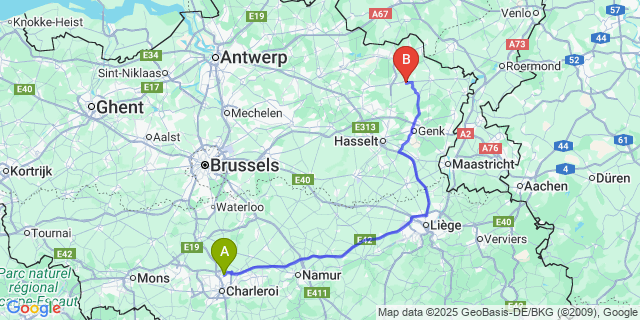 Map: Charleroi Airport Brussels South (CRL) to Peer