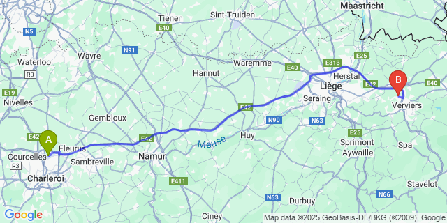 Map: Charleroi Airport Brussels South (CRL) to Petit-Rechain