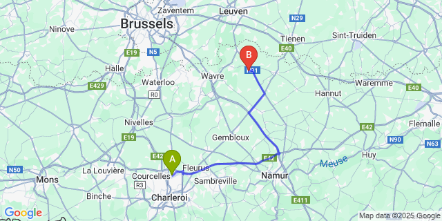 Map: Charleroi Airport Brussels South (CRL) to Pietrebais