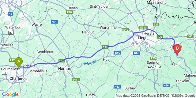 Map: Charleroi Airport Brussels South (CRL) to Polleur