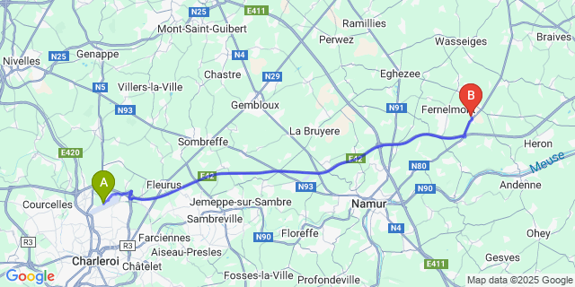 Map: Charleroi Airport Brussels South (CRL) to Pontillas (Fernelmont)