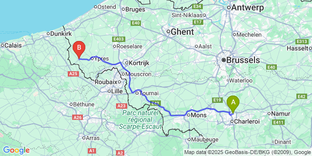 Map: Charleroi Airport Brussels South (CRL) to Poperinge