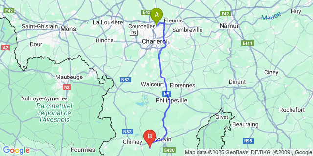 Map: Charleroi Airport Brussels South (CRL) to Presgaux