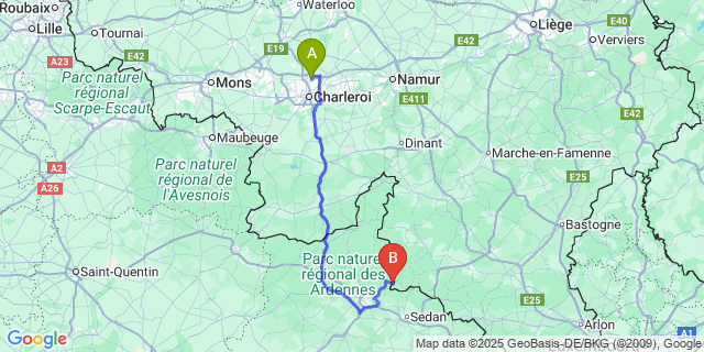 Map: Charleroi Airport Brussels South (CRL) to Pussemange