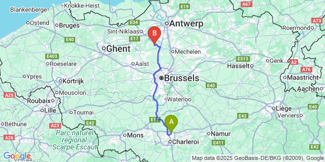 Map: Charleroi Airport Brussels South (CRL) to Puurs-Sint-Amands