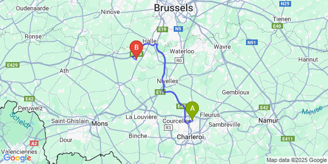Map: Charleroi Airport Brussels South (CRL) to Quenast