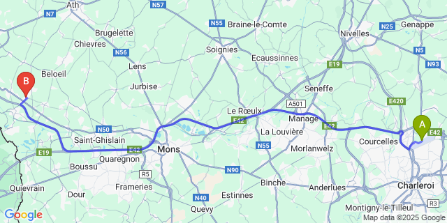 Map: Charleroi Airport Brussels South (CRL) to Quevaucamps