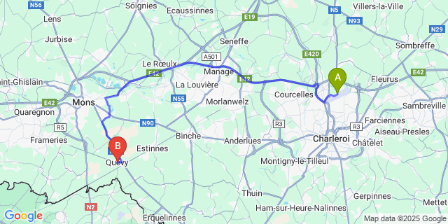 Map: Charleroi Airport Brussels South (CRL) to Quévy