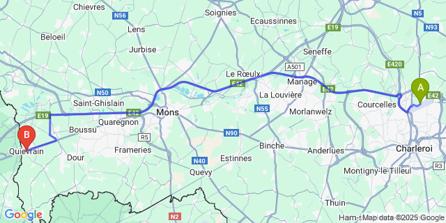 Map: Charleroi Airport Brussels South (CRL) to Quiévrain