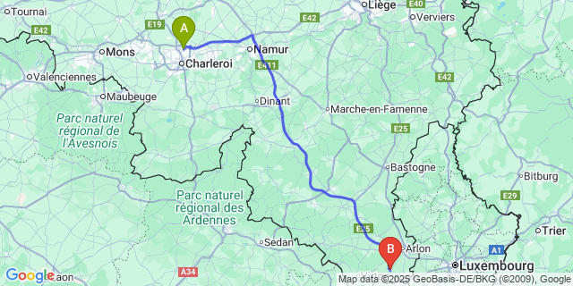 Map: Charleroi Airport Brussels South (CRL) to Rachecourt