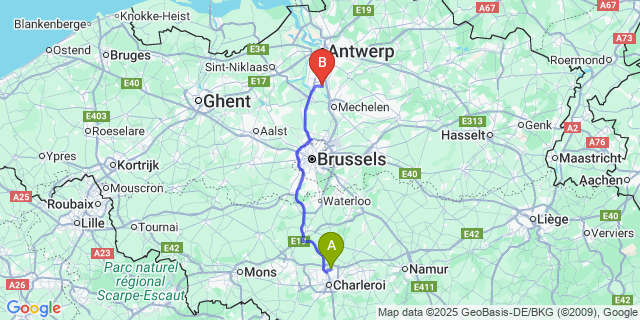 Map: Charleroi Airport Brussels South (CRL) to Reet