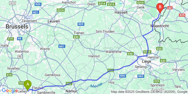 Map: Charleroi Airport Brussels South (CRL) to Rekem