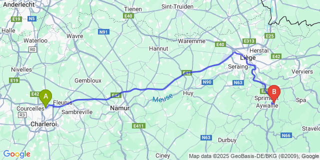 Map: Charleroi Airport Brussels South (CRL) to Remouchamps