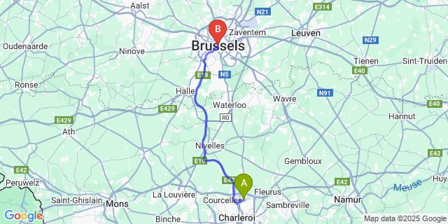 Map: Charleroi Airport Brussels South (CRL) to RentByNight - Apartments, Brussels
