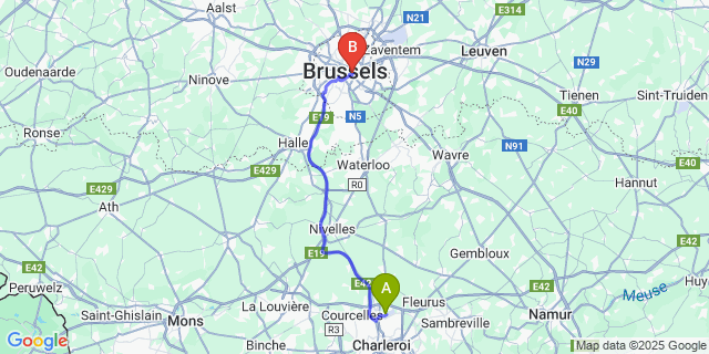Map: Charleroi Airport Brussels South (CRL) to Residence EU, Brussels