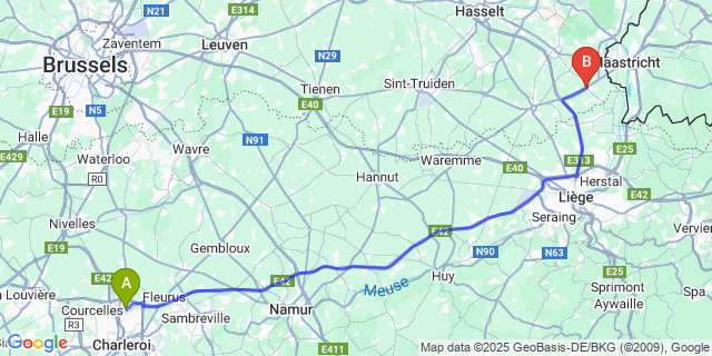 Map: Charleroi Airport Brussels South (CRL) to Riemst