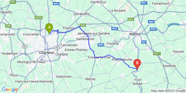 Map: Charleroi Airport Brussels South (CRL) to Riviere