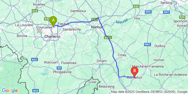 Map: Charleroi Airport Brussels South (CRL) to Rochefort